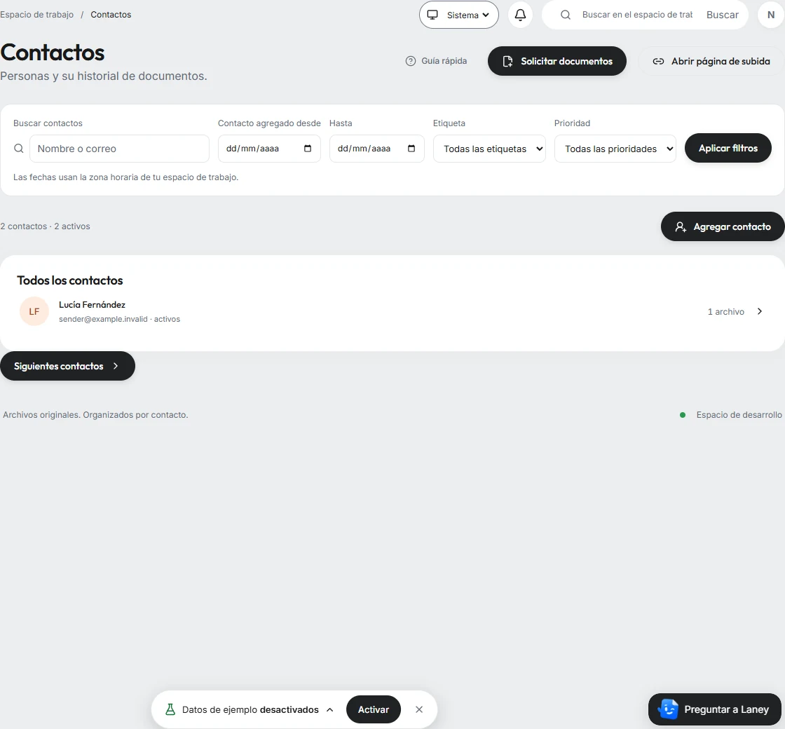La lista real de contactos de Doculane, con el número de documentos y la última entrega de cada remitente.