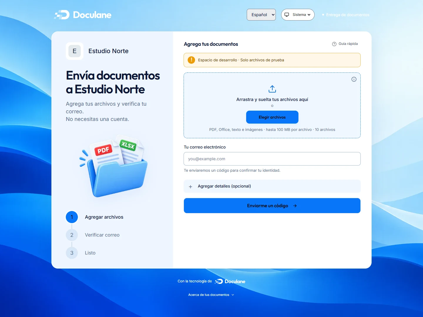 La página real de subida de Doculane para clientes, con documentos para arrastrar, un campo de correo y un botón para continuar a la verificación.