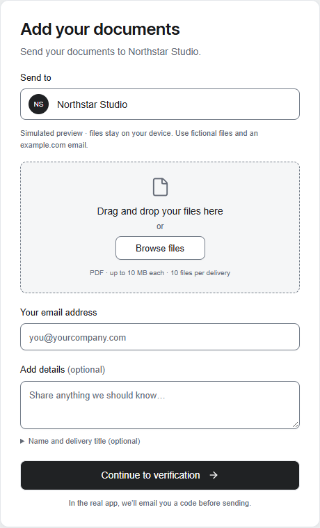 The actual Doculane client upload page, with drag-and-drop documents, an email field, and a continue to verification button.